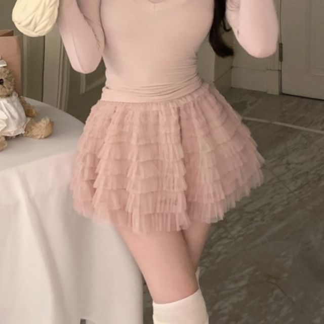 Mock Two-Piece Halter V-Neck Crop Knit Top & High-Rise Tiered Mini A-Line Skirt