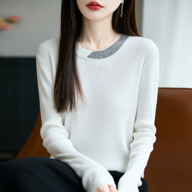 Rhinestone Ribbed Round Neck Long-Sleeved Knit Top