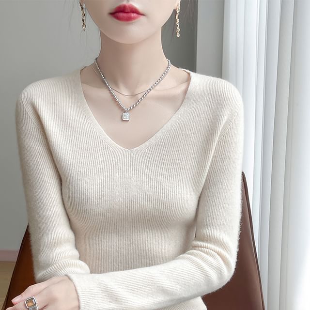 Plain Ribbed V-Neck Long-Sleeved Sweater