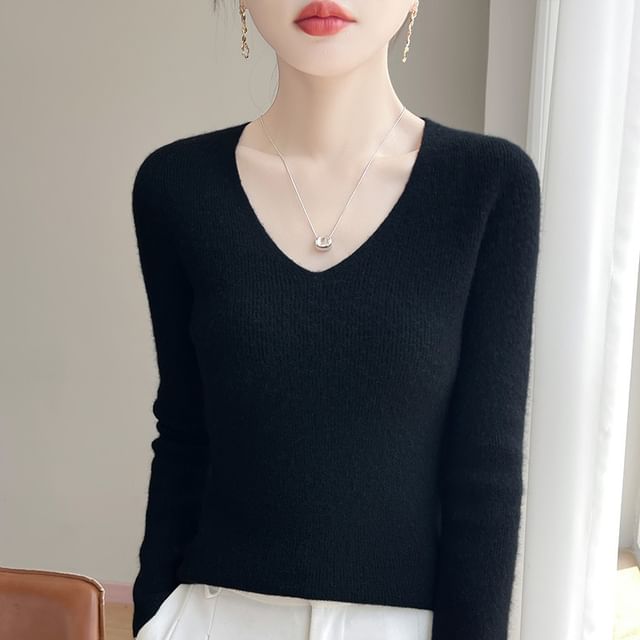 Plain Ribbed V-Neck Long-Sleeved Sweater