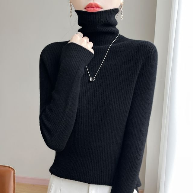 Plain Ribbed High Neck Long-Sleeved Knit Top