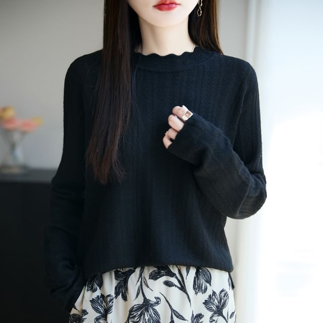 Plain Lace Trim High Neck Long-Sleeved Knit Top