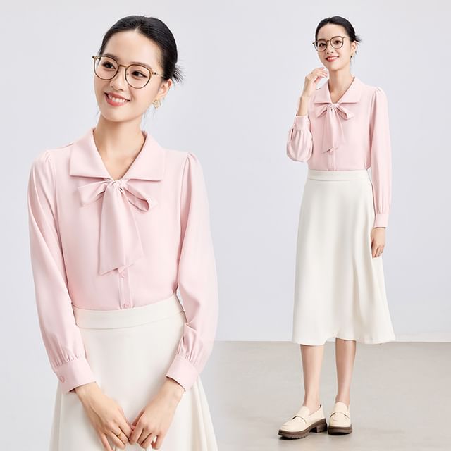 Tie Front Collared Blouse + High Rise Midi A-Line Skirt