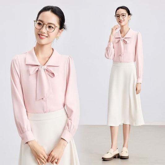 Tie Front Collared Blouse + High Rise Midi A-Line Skirt