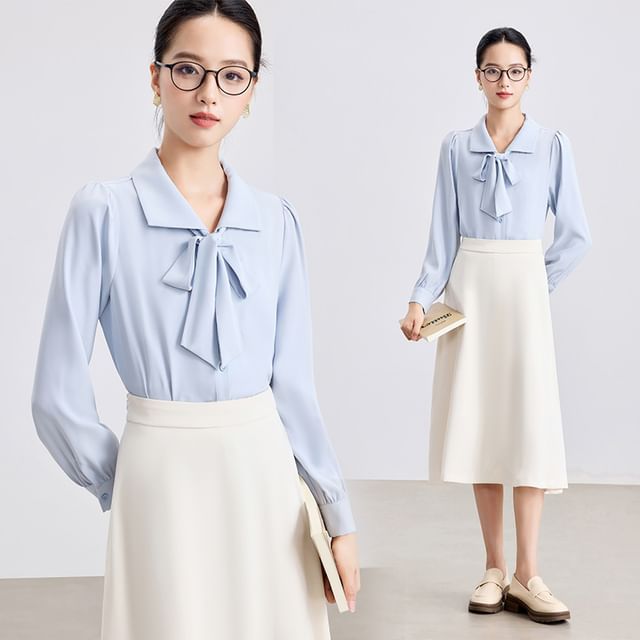 Set: Long-Sleeve Collared Tie-Front Blouse & High-Rise Midi A-Line Skirt