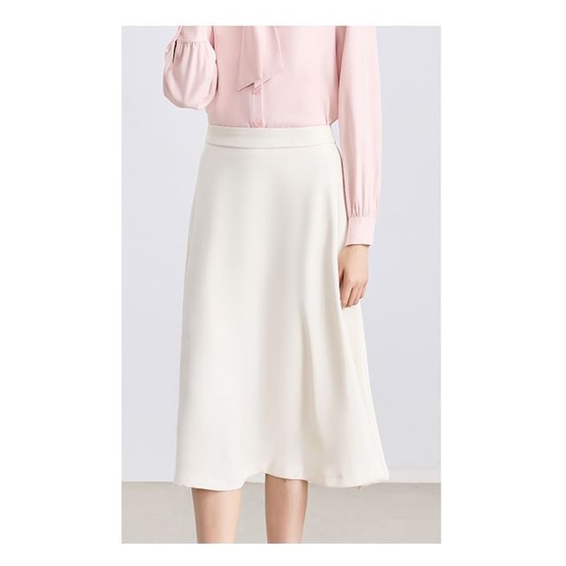 Tie Front Collared Blouse + High Rise Midi A-Line Skirt