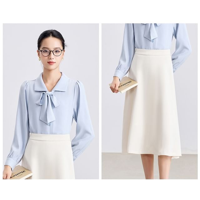 Tie Front Collared Blouse + High Rise Midi A-Line Skirt Set