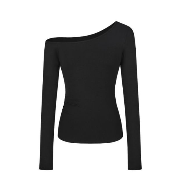 Plain Asymmetric Off-Shoulder Long-Sleeved Tee