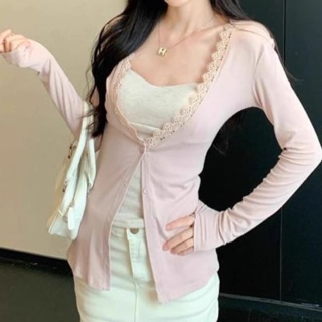 Plain Lace Trim Cardigan / Slim Fit Cami Top