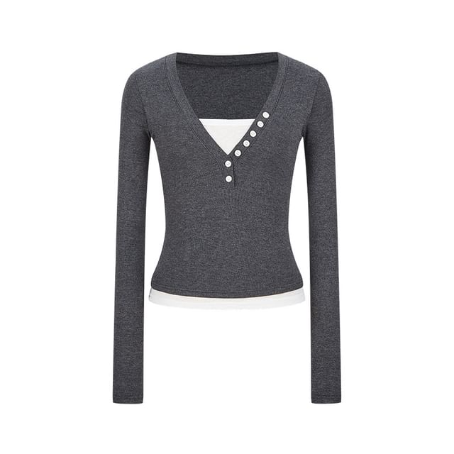 Color-Block Mock-Layer V-Neck Sleeved Fitted Tee