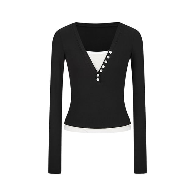 Color-Block Mock-Layer V-Neck Sleeved Fitted Tee