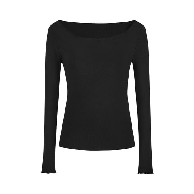 Plain Ruffled-Trim Cold-Shoulder Sleeved Fitted Top
