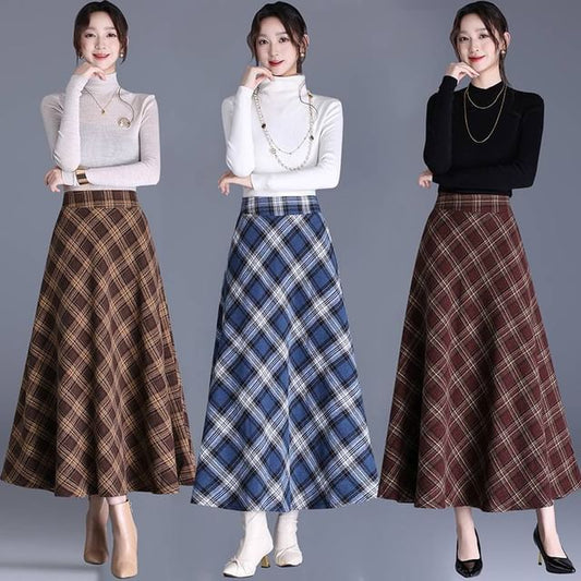 High-Waist Plaid Midi A-Line Skirt