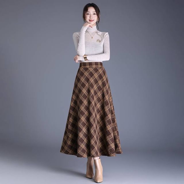 High-Waist Plaid Midi A-Line Skirt