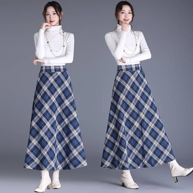 High-Waist Plaid Midi A-Line Skirt