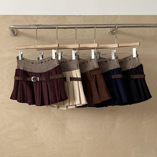 High-Waist Pleated Panel Knit Mini A-Line Skirt