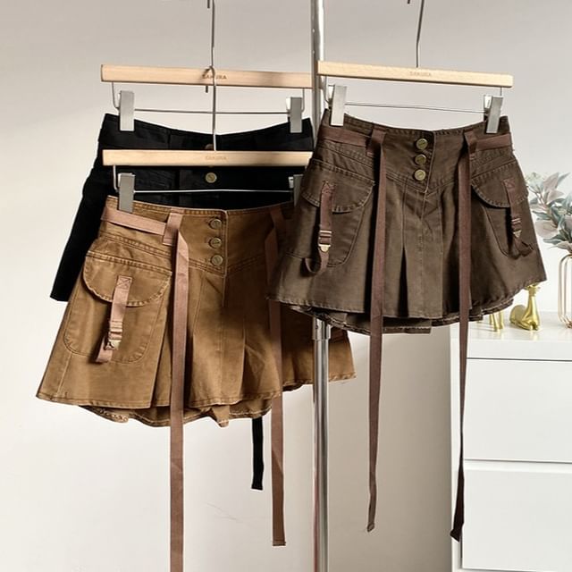 Mid-Rise Pleated Mini A-Line Cargo Skirt