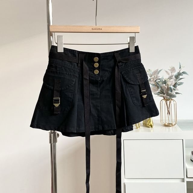 Mid-Rise Pleated Mini A-Line Cargo Skirt