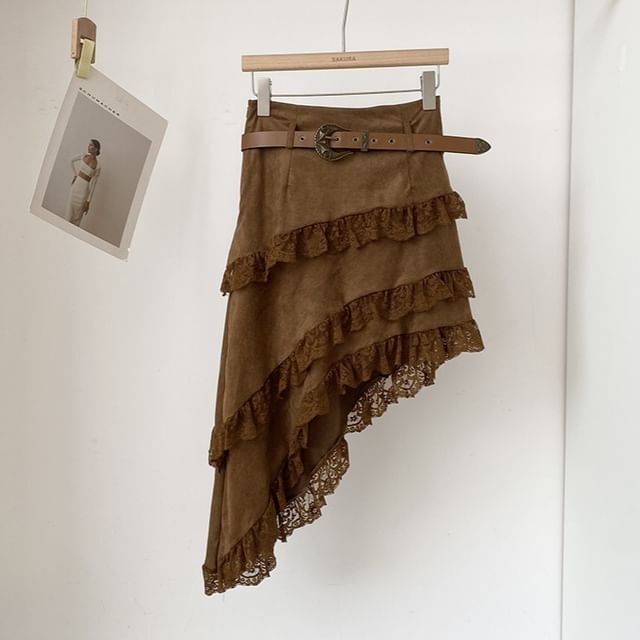 Faux Suede Asymmetrical Lace Panel A-Line Skirt