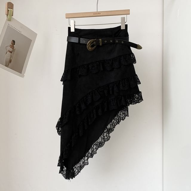 Faux Suede Asymmetrical Lace Panel A-Line Skirt