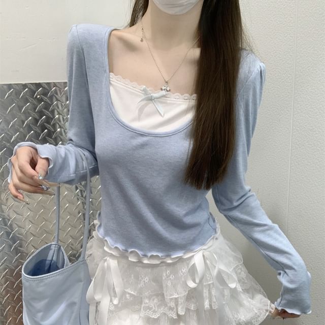 Two-Tone Square-Neck Sleeved Mock-Layer Top