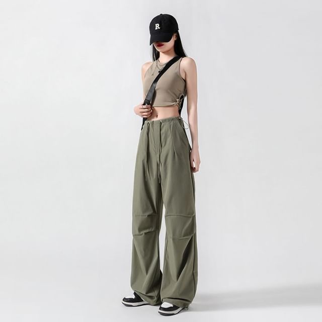 Drawstring Waist Plain Baggy Cargo Pants (Various Designs)