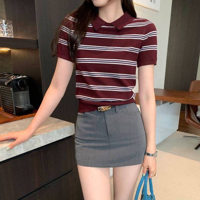 Striped Knit Short Sleeve Polo Top