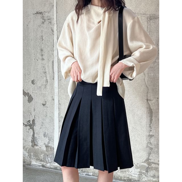 Tie-Neck Long-Sleeved Plain Blouse