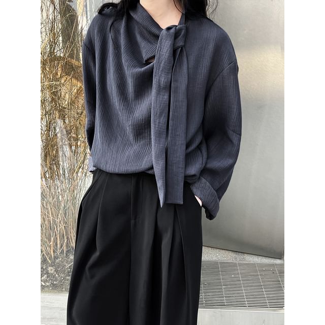 Tie-Neck Long-Sleeved Plain Blouse