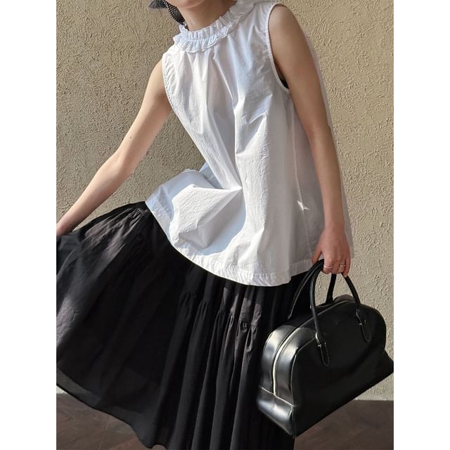 V-Neck Sleeveless Plain Ruffle-Trim Blouse
