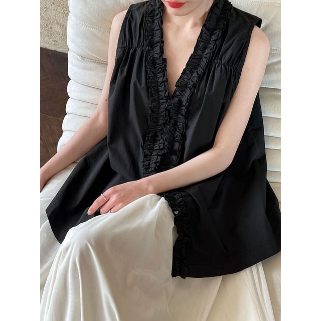 V-Neck Sleeveless Plain Ruffle-Trim Blouse