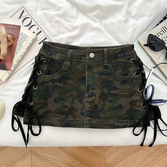 Mid Waist Lace-Up Denim Mini Pencil Skorts
