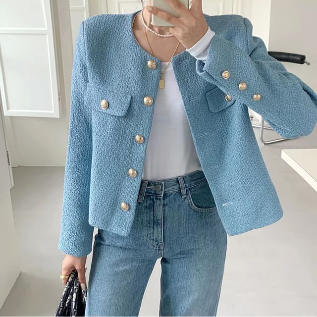 Crew Neck Button-Up Plain Tweed Jacket