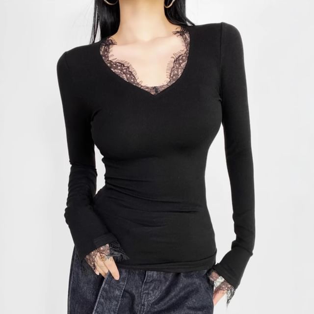 Slim Fit V-Neck Tee with Lace Panel