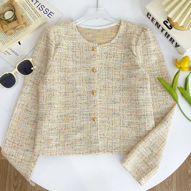 Round Neck Tweed Button Up Jacket