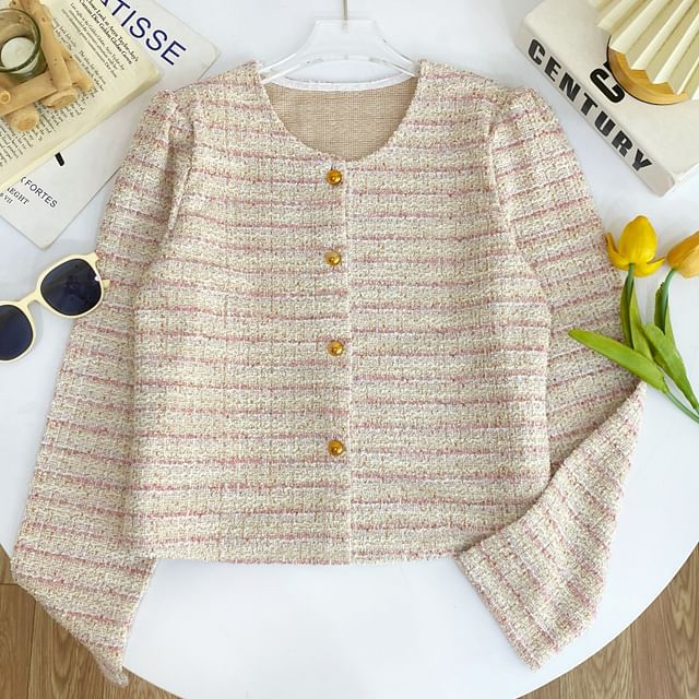 Round Neck Tweed Button Up Jacket