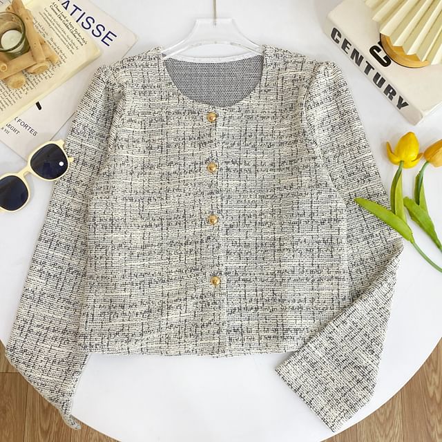 Round Neck Tweed Button Up Jacket