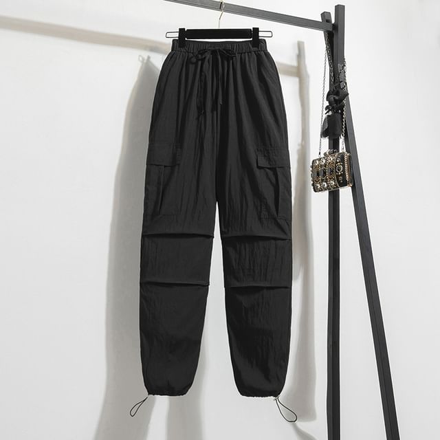 Drawstring Waist Plain Cropped Harem Cargo Pants