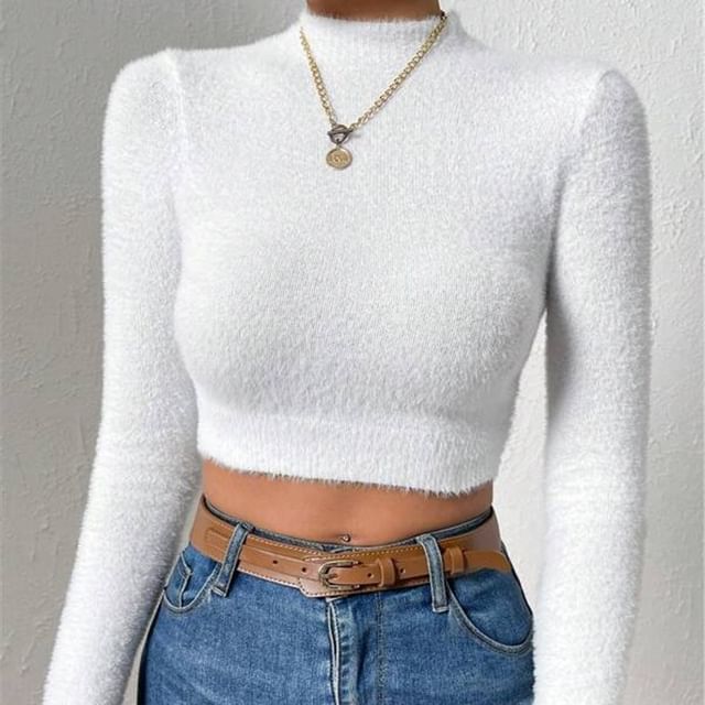Plain Ribbed Mock-Neck Sleeved Fitted Mini Knit Top