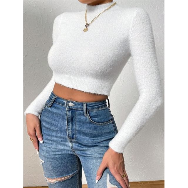 Plain Ribbed Mock-Neck Sleeved Fitted Mini Knit Top