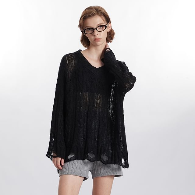 V-Neck Long-Sleeved Plain Distressed Loose-Fit Knit Top