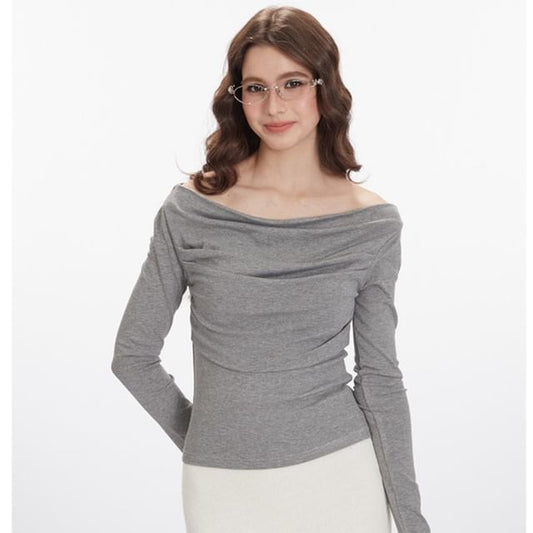 Off-Shoulder Long-Sleeved Plain Slim-Fit T-Shirt