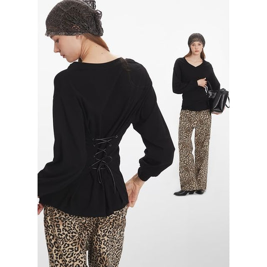 Long Sleeve V-Neck Plain Lace-Up Back T-Shirt