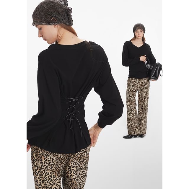 V-Neck Long-Sleeved Plain Lace-Up Back T-Shirt