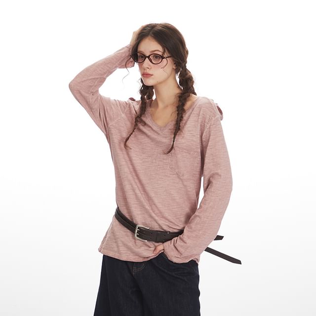 V-Neck Long-Sleeved Plain Loose-Fit T-Shirt