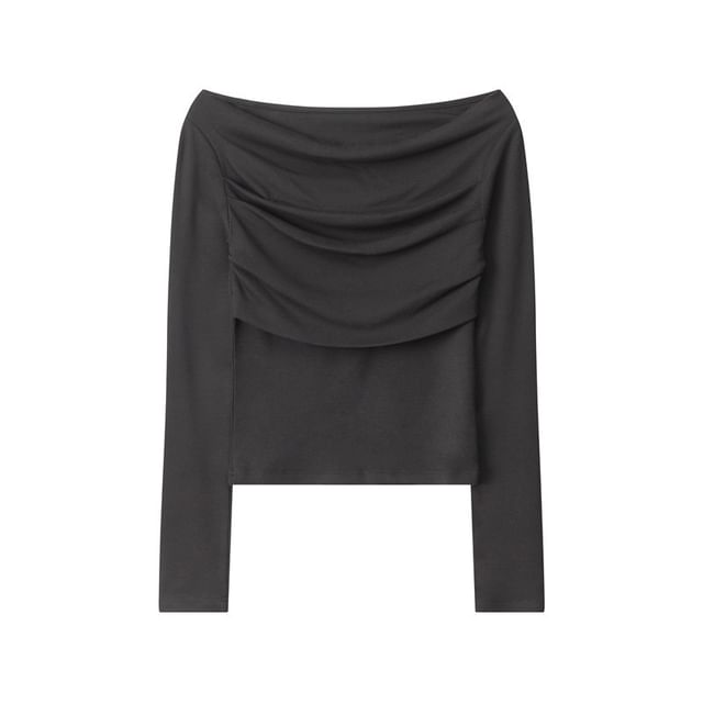 Off-Shoulder Long-Sleeved Plain Slim-Fit T-Shirt
