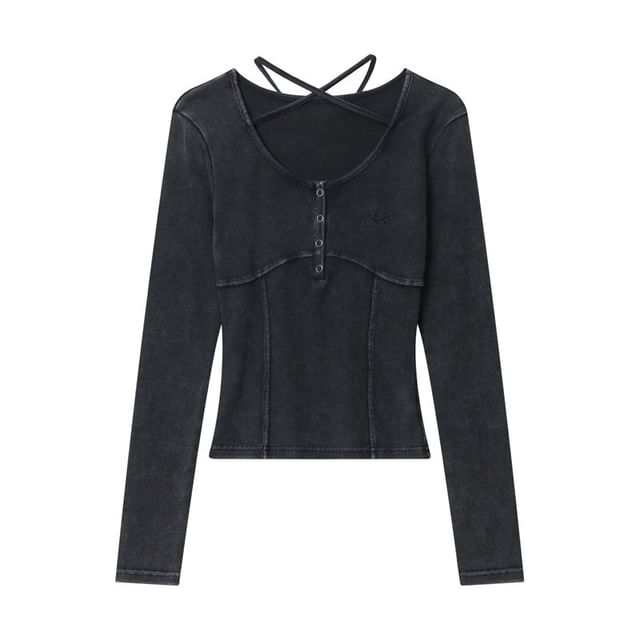 Scoop-Neck Cross-Strap Washed Long-Sleeved Slim-Fit T-Shirt