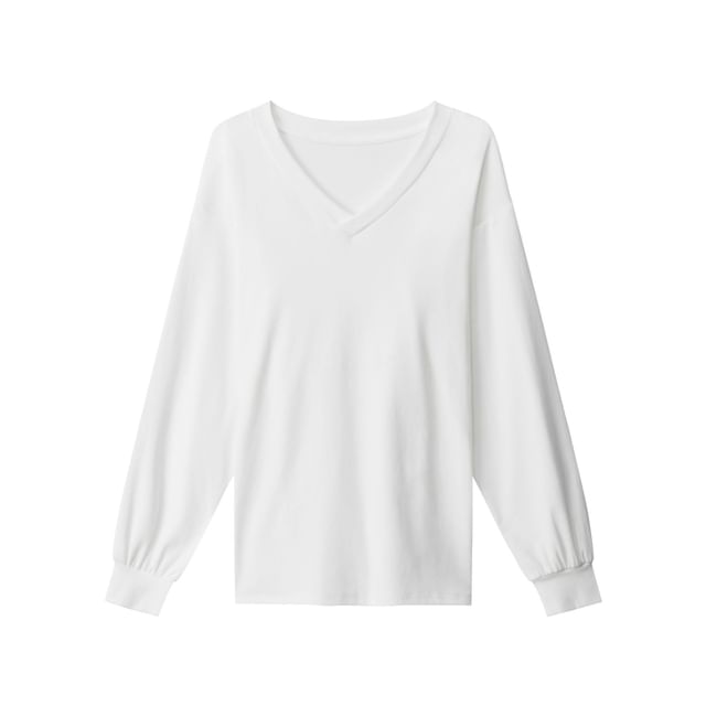 Long Sleeve V-Neck Plain Lace-Up Back T-Shirt