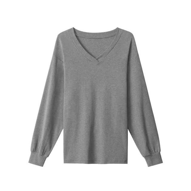 Long Sleeve V-Neck Plain Lace-Up Back T-Shirt