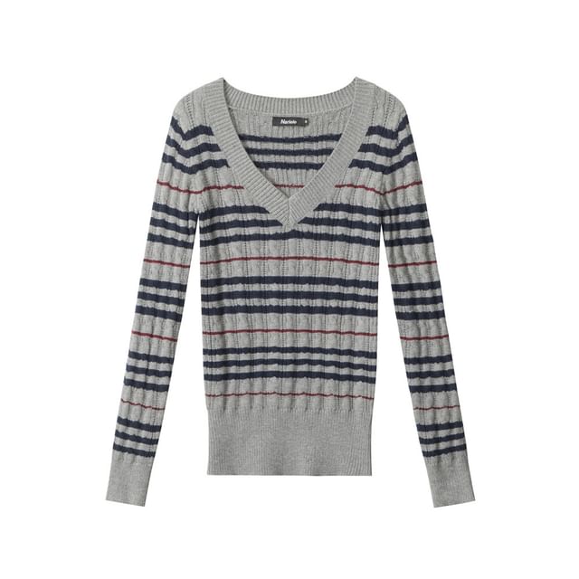 Striped V-Neck Long-Sleeved Slim-Fit Sweater